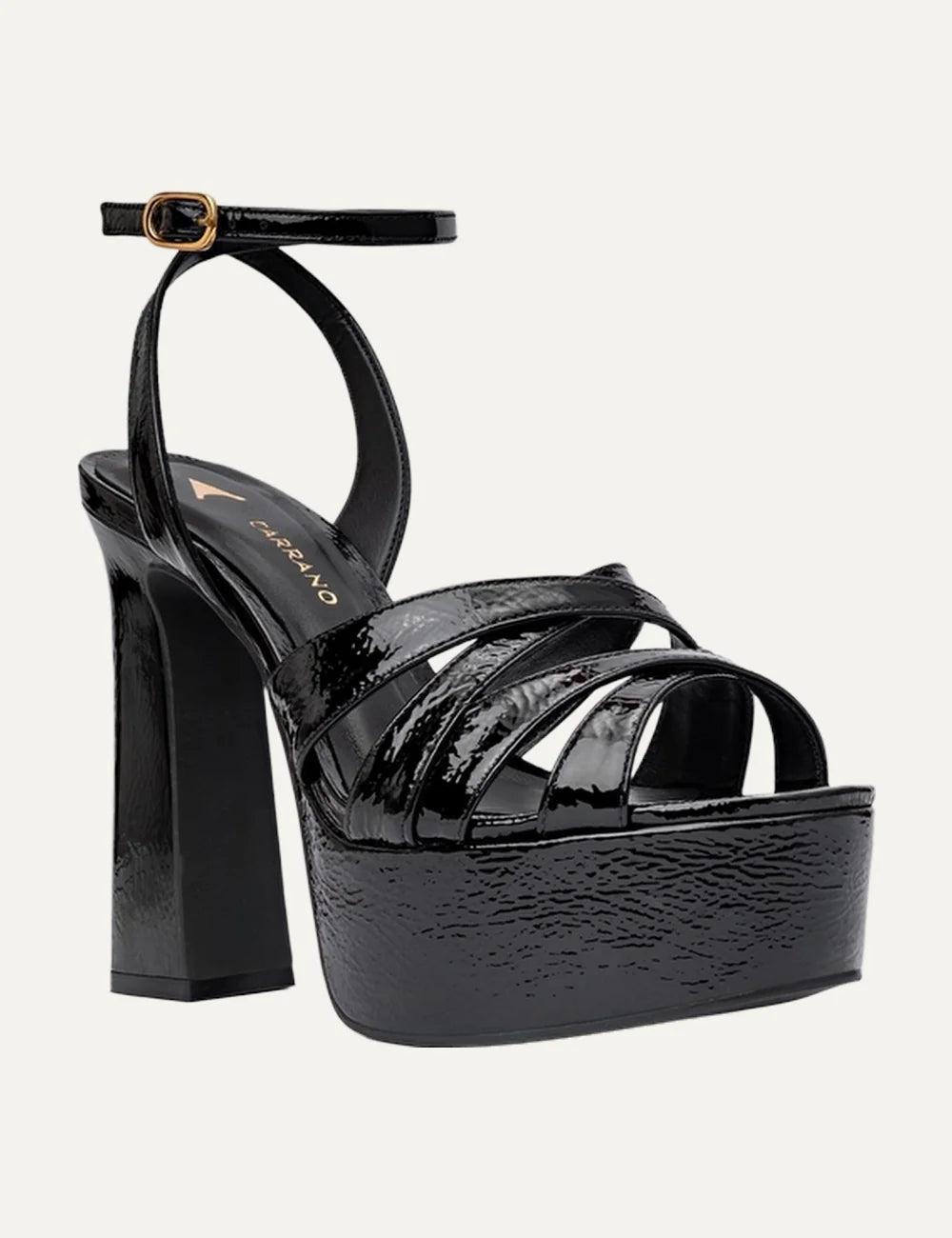  Carrano Women’s Black Patent Leather Platform Sandals front angle view