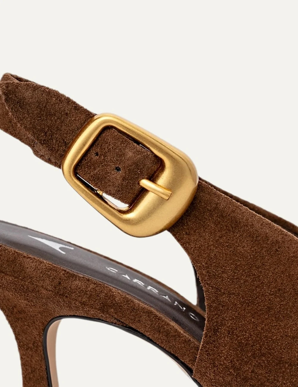 Carrano Women’s Brown Suede Buckle Slingback Pumps gold buckle close up detail