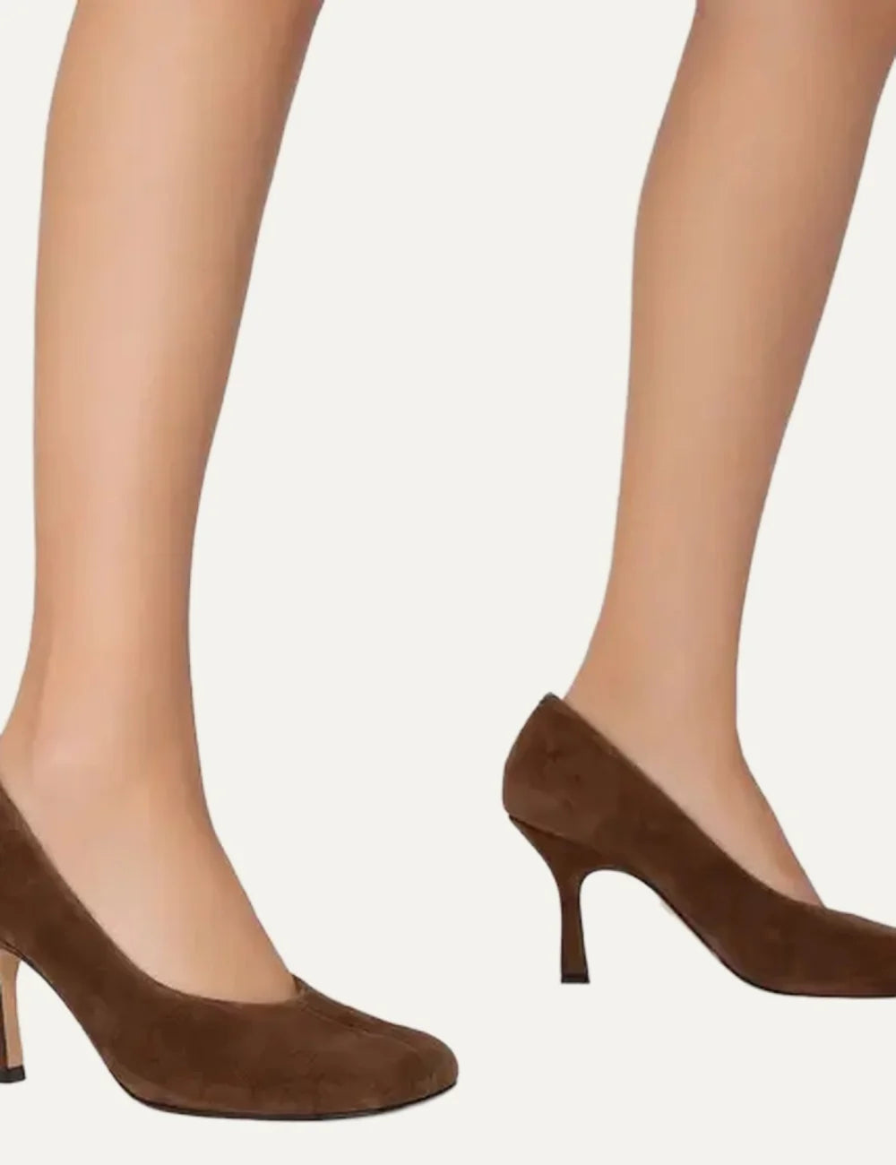 Carrano Women’s Brown Suede Square-Toe Pumps worn by model