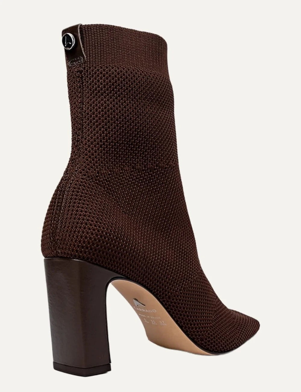 Carrano Women’s dark brown Knit Sock Ankle Boots back view heel details