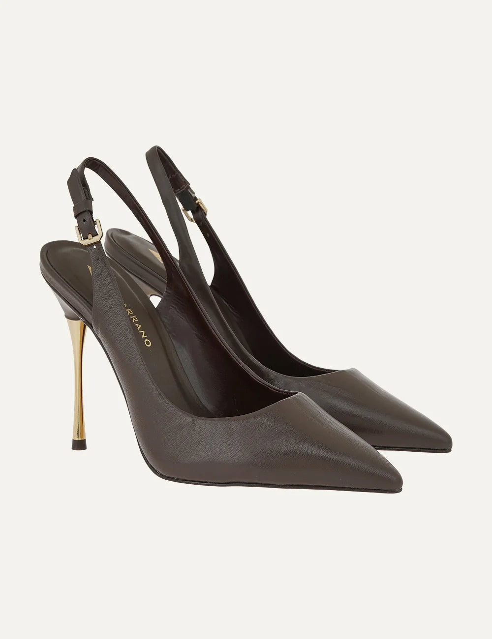 Carrano Women’s Dark Brown Leather Slingback Stiletto Pumps front angle pair details