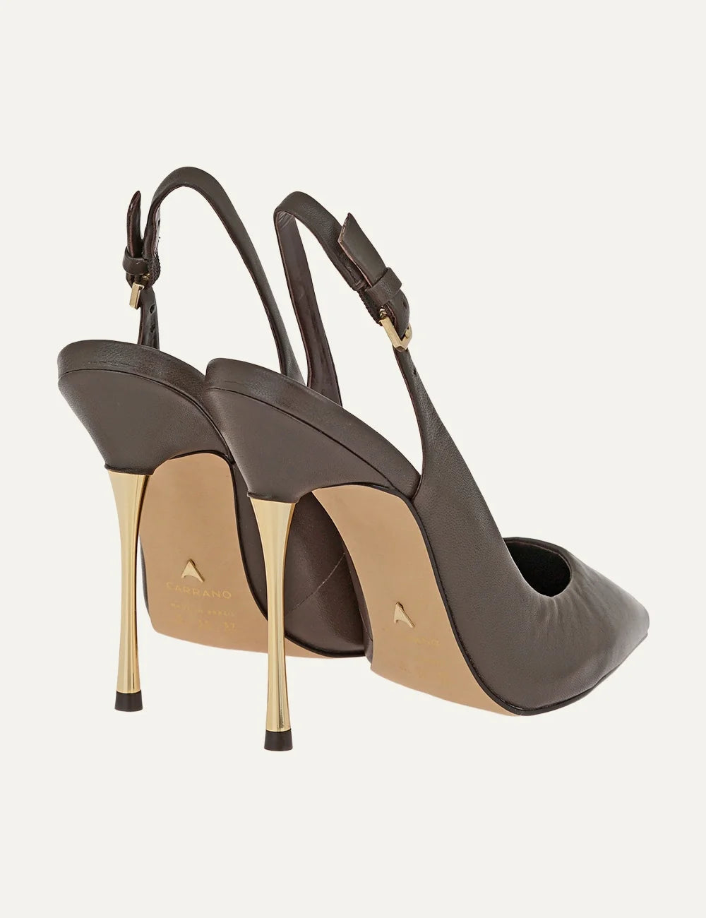 Carrano Women’s Dark Brown Leather Slingback Stiletto Pumps back view heel details