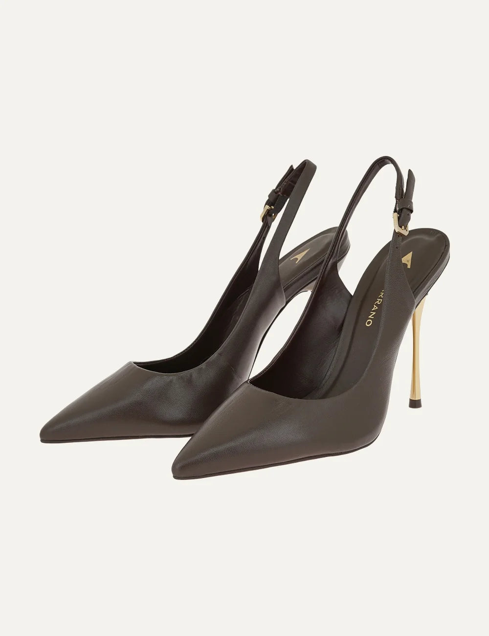 Carrano Women’s Dark Brown Leather Slingback Stiletto Pumps pair details