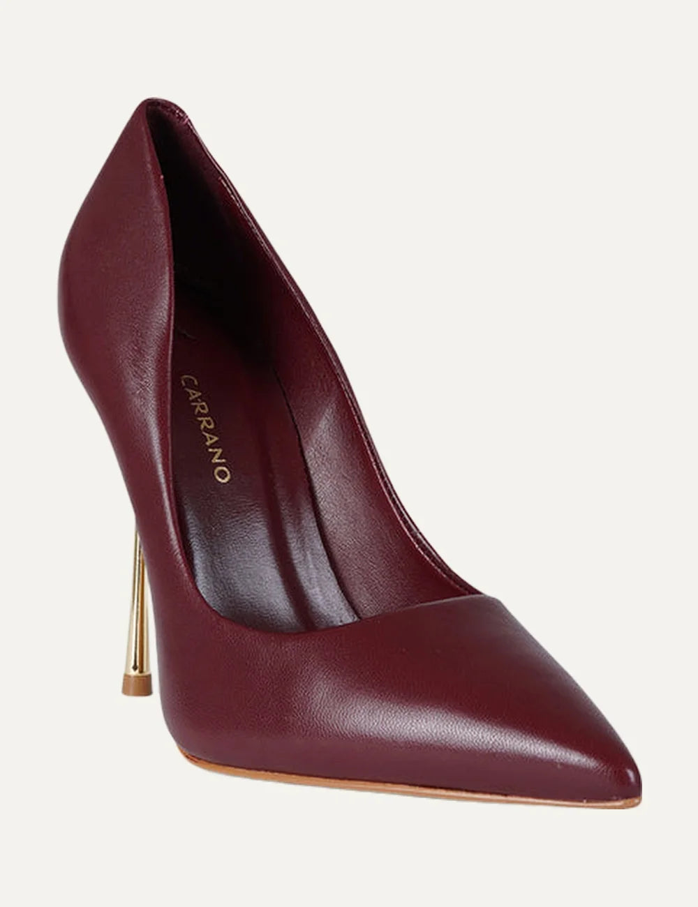 Carrano Women’s Mahogany Leather Pumps With Gold Stiletto Heel front angle view