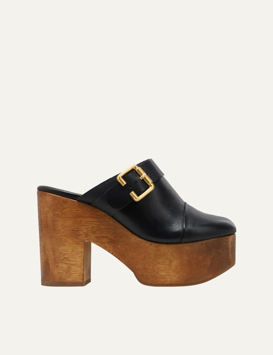 Carrano platform mule leather black wooden heel buckle side view