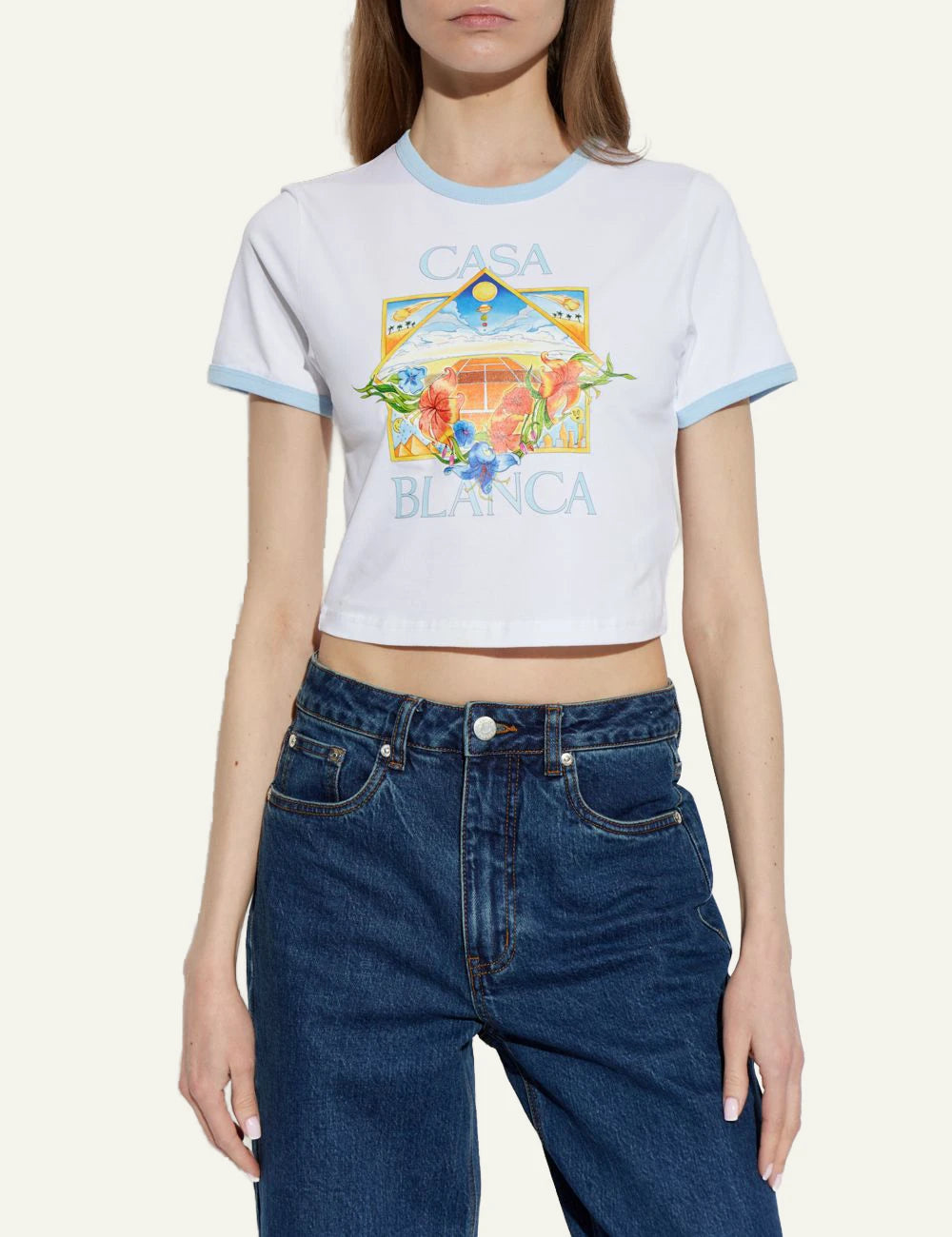 casa blanca t-shirt cropped graphic print white front model view