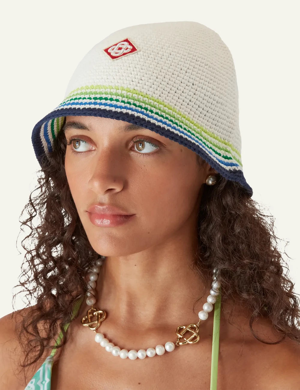 Casablanca Crochet Hat off white worn on model