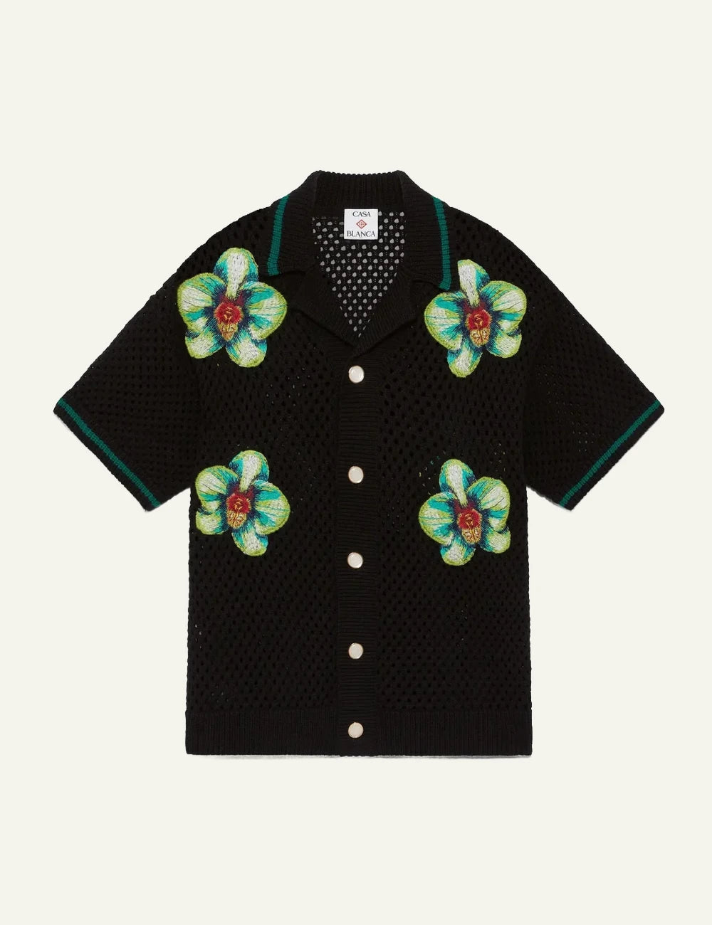Casablanca Knit Shirt Black Floral Embroidery Front Flat View