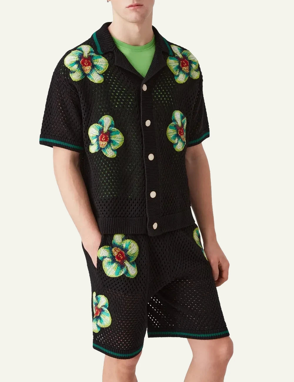 Casablanca Knit Shirt Black Floral Embroidery Front Model View
