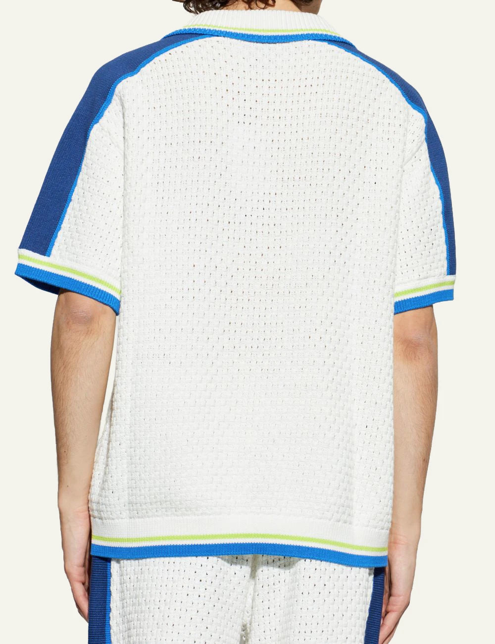 Casablanca Knit Short Sleeve Shirt Off White Blue Neon Detail Back Model View