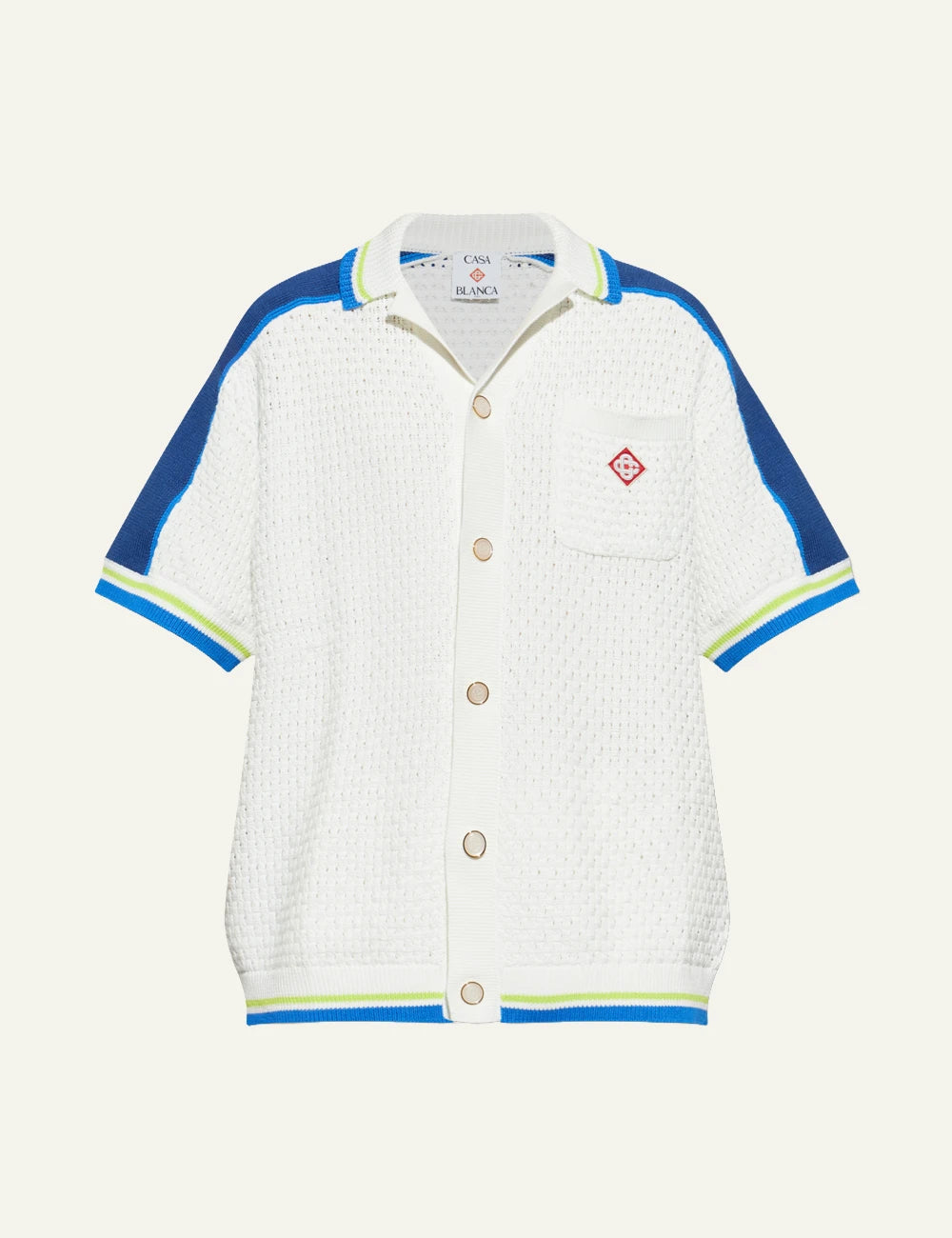 Casablanca Knit Short Sleeve Shirt Off White Blue Neon Detail Front Flat View