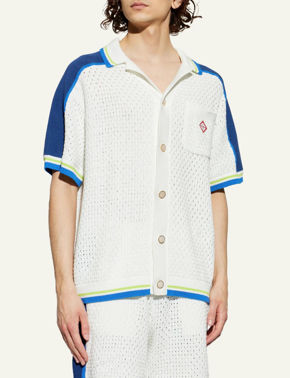 Casablanca Knit Short Sleeve Shirt Off White Blue Neon Detail Front Model View