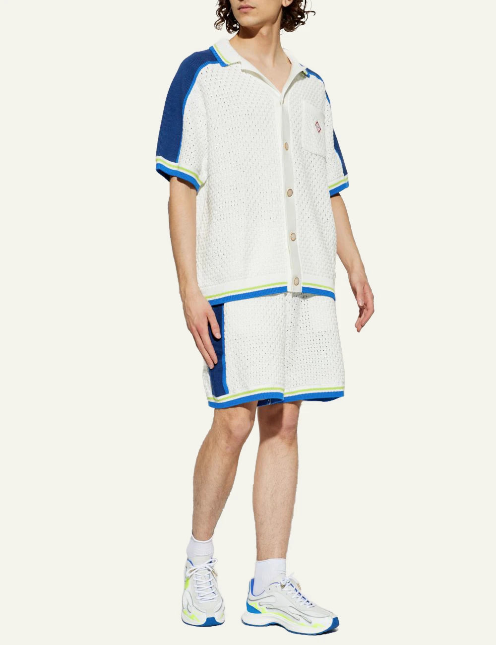 Casablanca Knit Short Sleeve Shirt Off White Blue Neon Detail Full Body View