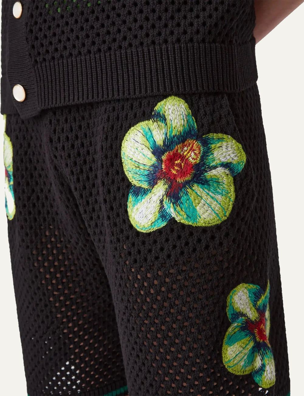 Casablanca Knit Shorts Black Floral Embroidery Detail View