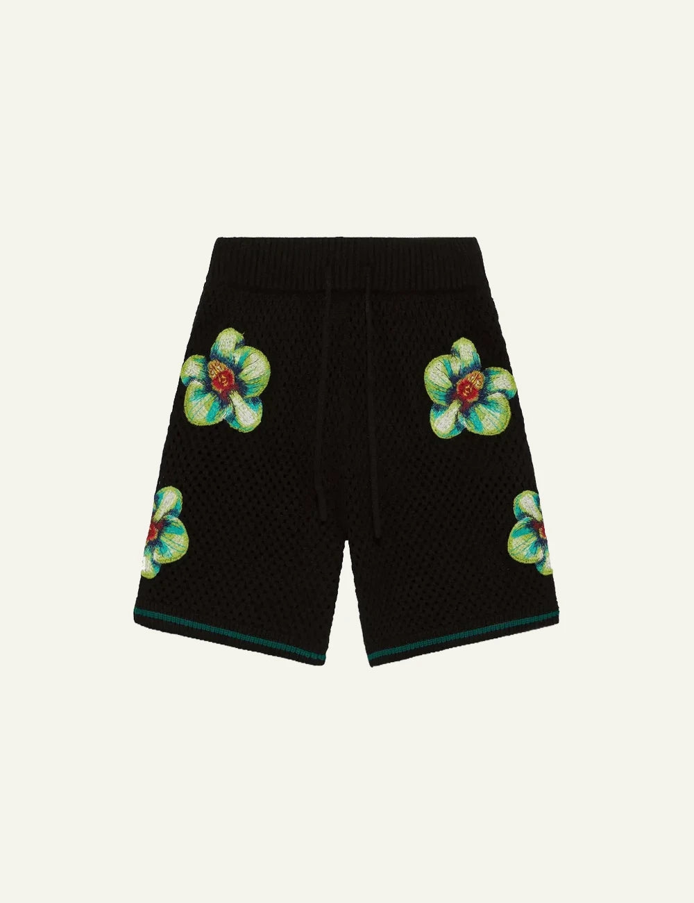 Casablanca Knit Shorts Black Floral Embroidery Front Flat View