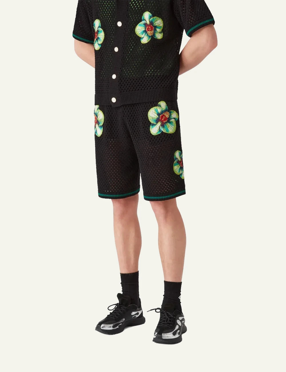 Casablanca Knit Shorts Black Floral Embroidery Front Model View