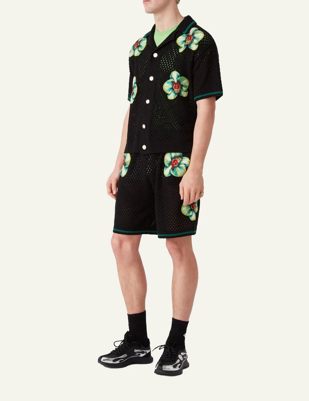 Casablanca Knit Shorts Black Floral Embroidery Full Body View