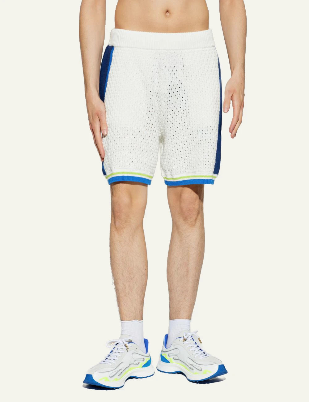 Casablanca Knit Shorts Off White Blue Neon Trim Front Model View
