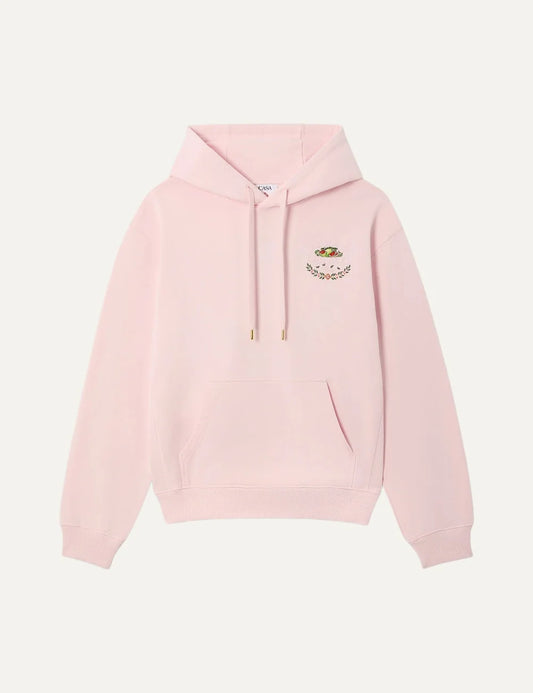 Casablanca x Ladurée unisex light pink cotton hoodie with embroidered fruit and laurel logo on the chest, drawstring hood, kangaroo pocket and ribbed trims.