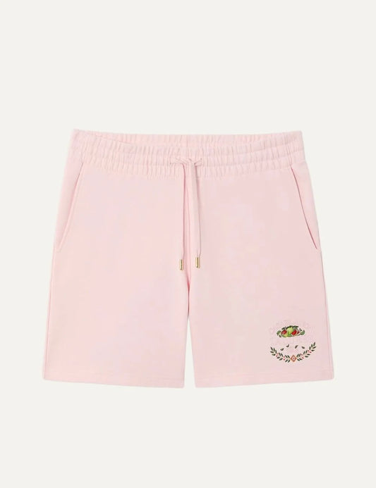 Casablanca x Ladurée unisex light pink cotton sweatshorts with embroidered fruit and laurel logo, elastic waistband and gold-tipped drawstring.