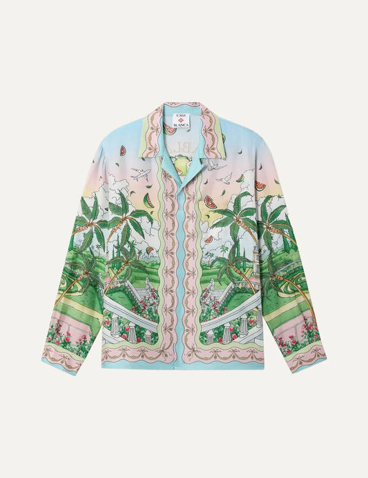 Casablanca x Ladurée unisex multicolor silk satin long-sleeve shirt with pastel pink and blue borders, tropical garden print, palm trees, floral details and Cuban collar.