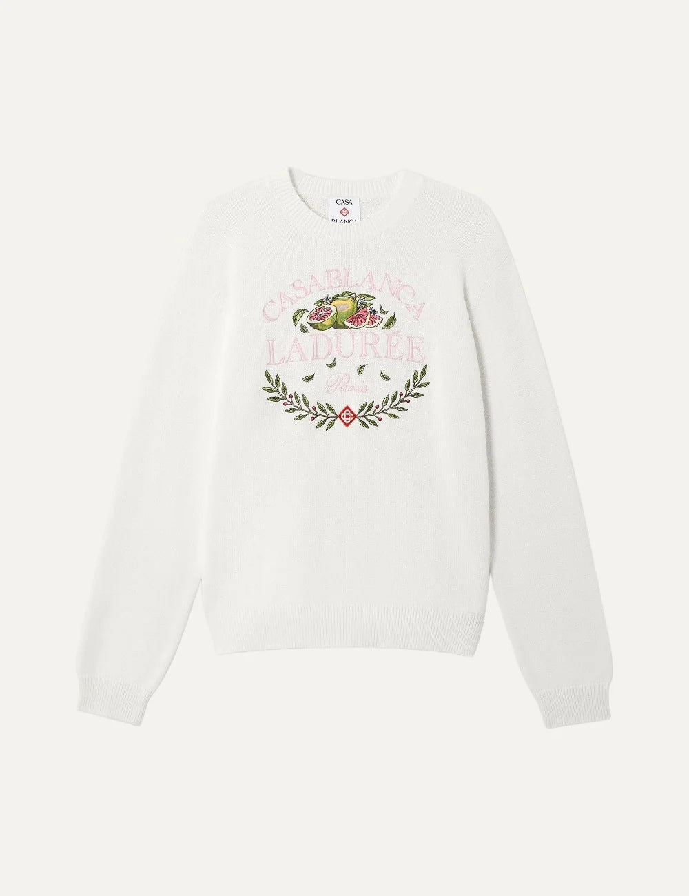 Casablanca x Ladurée unisex off-white cotton knit sweater with embroidered fruit and laurel wreath artwork, pink collaboration lettering, crew neck and ribbed trims.