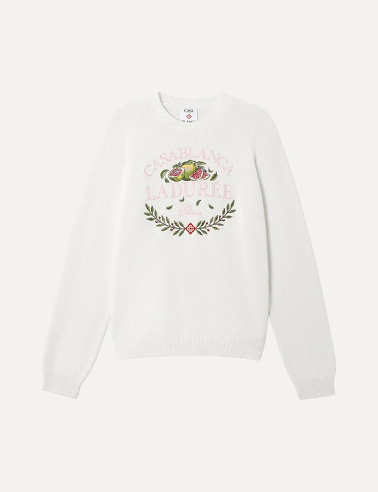 Casablanca x Ladurée unisex off-white cotton knit sweater with embroidered fruit and laurel wreath artwork, pink collaboration lettering, crew neck and ribbed trims.