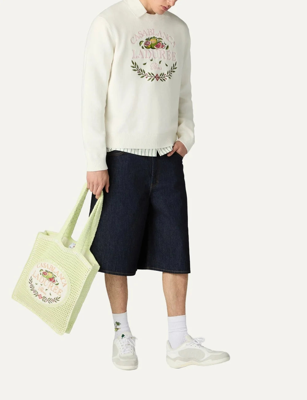 Casablanca x Ladurée unisex off-white cotton knit sweater with embroidered fruit and laurel wreath artwork, pink collaboration lettering, crew neck and ribbed trims full body