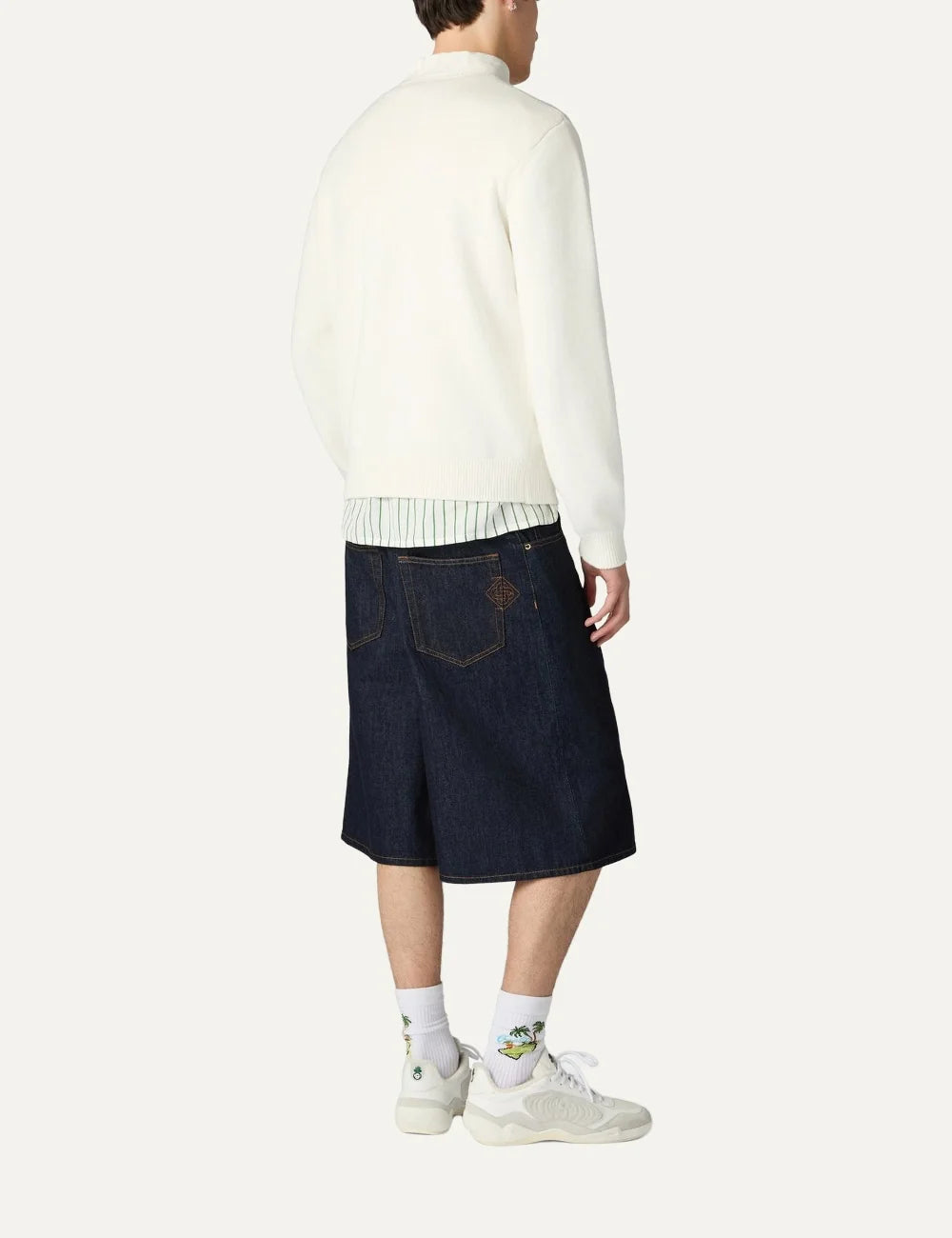 Casablanca x Ladurée unisex off-white cotton knit sweater with embroidered fruit and laurel wreath artwork, pink collaboration lettering, crew neck and ribbed trims back