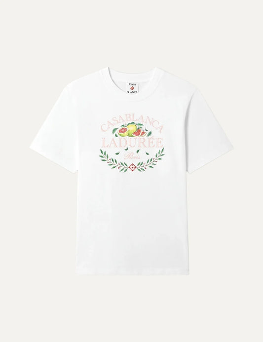 Casablanca x Ladurée unisex white cotton T-shirt with pink collaboration lettering, colorful fruit illustration and green laurel wreath graphic on the front.