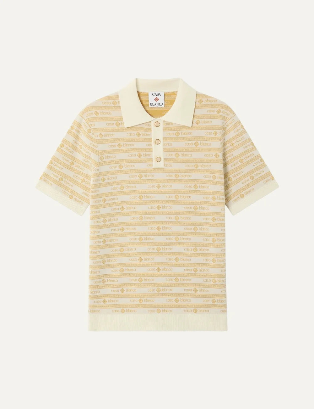Casablanca men's beige merino wool knit polo shirt with yellow all-over logo stripes, short sleeves, ribbed collar and pearl buttons.