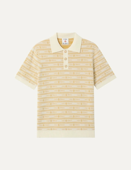 Casablanca men's beige merino wool knit polo shirt with yellow all-over logo stripes, short sleeves, ribbed collar and pearl buttons.