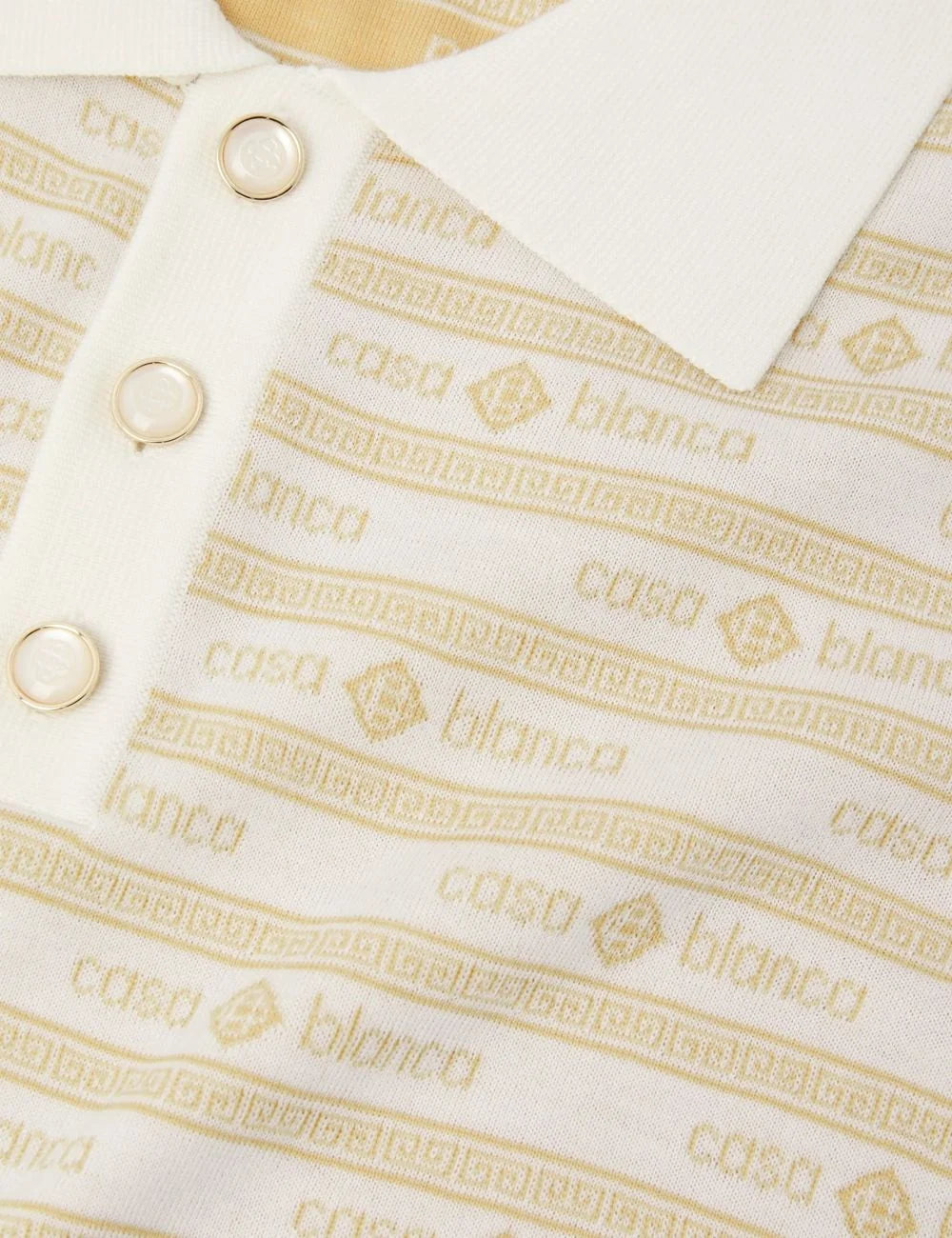 Casablanca men's beige merino wool knit polo shirt with yellow all-over logo stripes, short sleeves, ribbed collar and pearl buttons detail