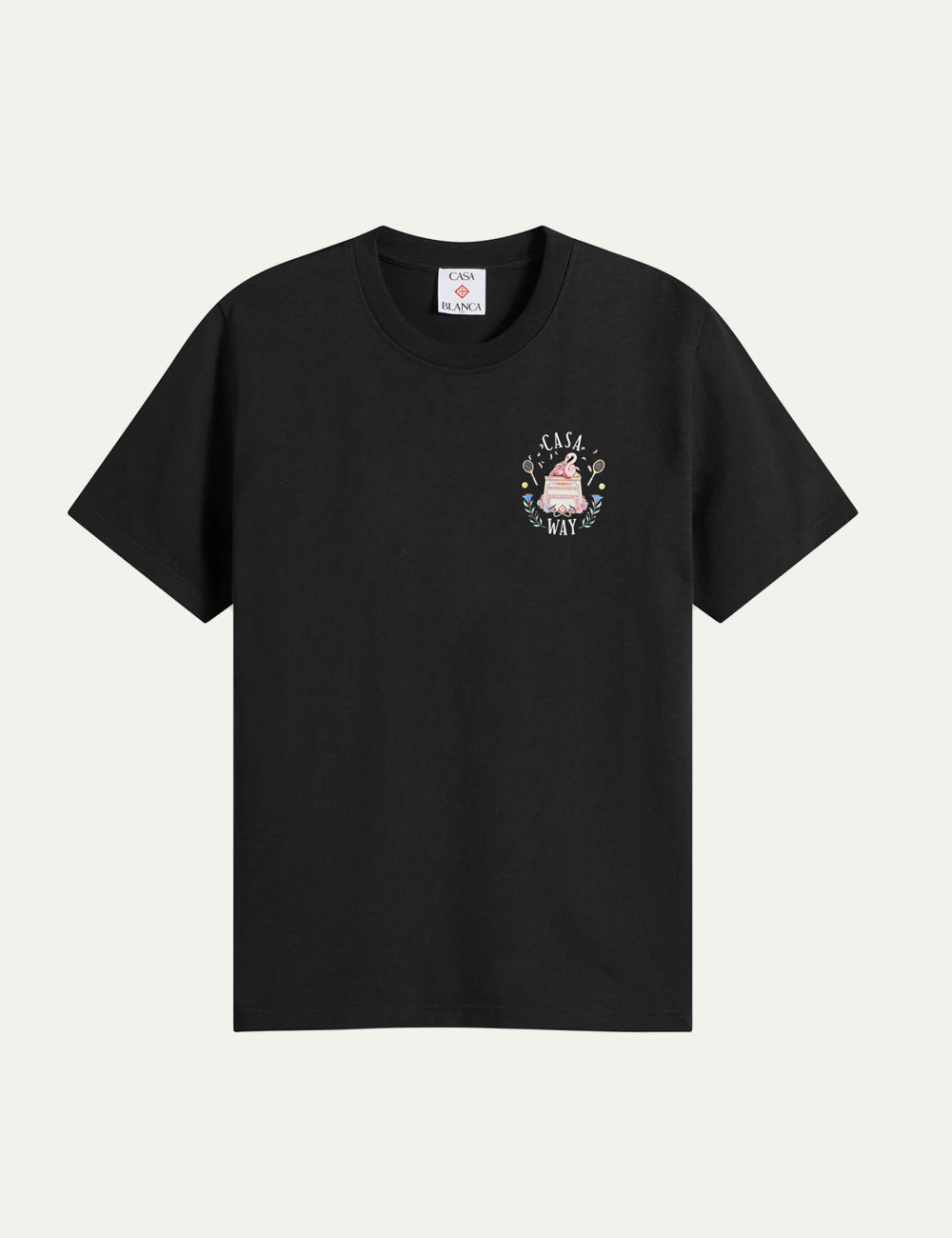 Casablanca men's black Casa Way cotton T-shirt with crew neckline, short sleeves and small multicolor Casa Way graphic on the chest.