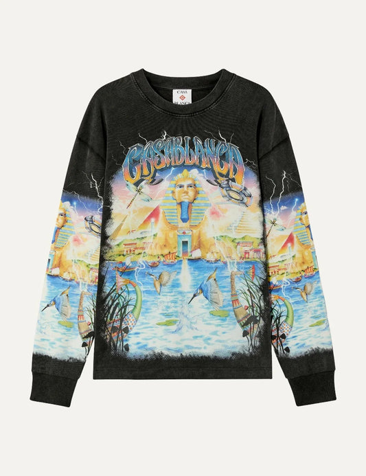 Casablanca men's black organic cotton long sleeve T-shirt with multicolour Egyptian graphic