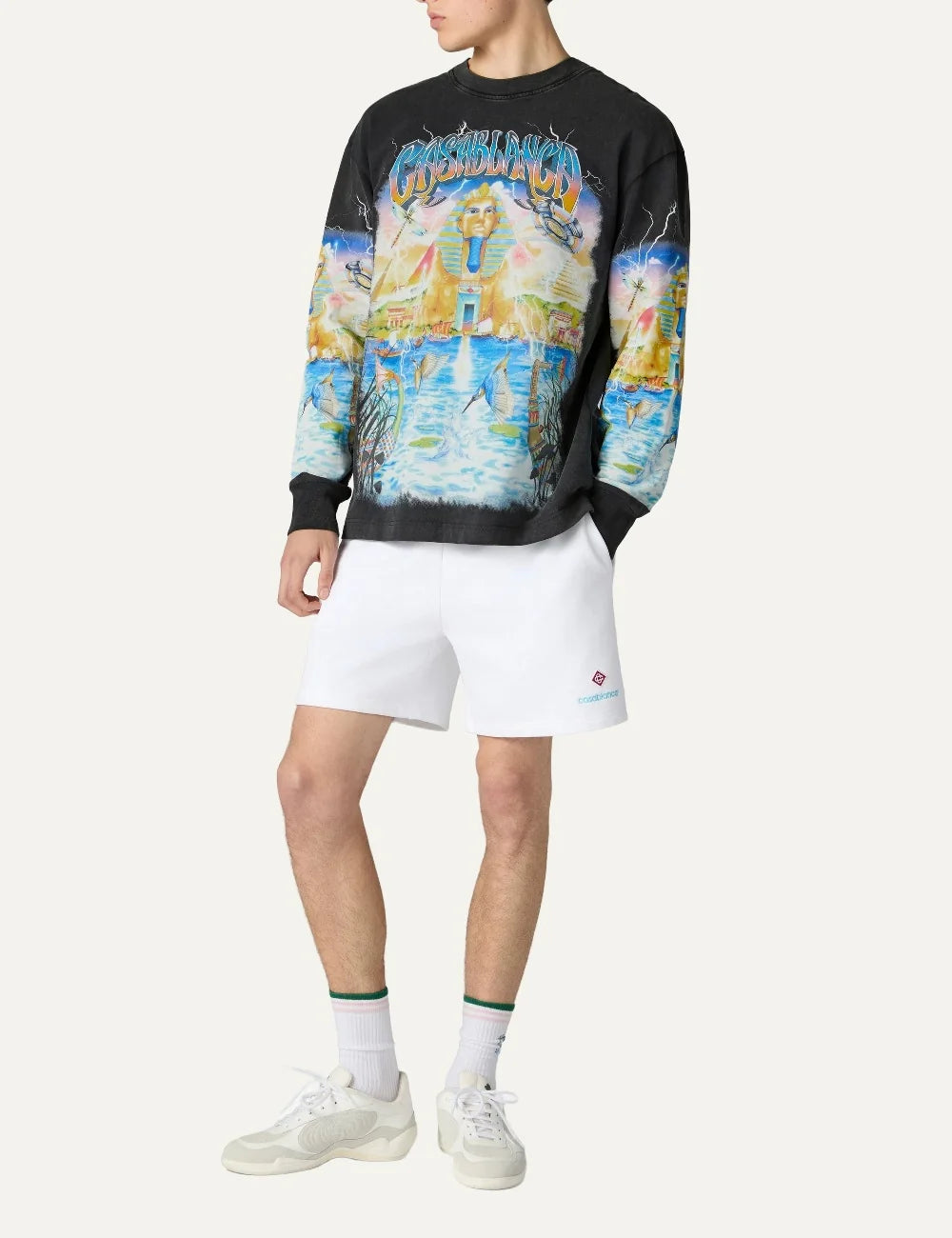 Casablanca men's black organic cotton long sleeve T-shirt with multicolour Egyptian graphic full body