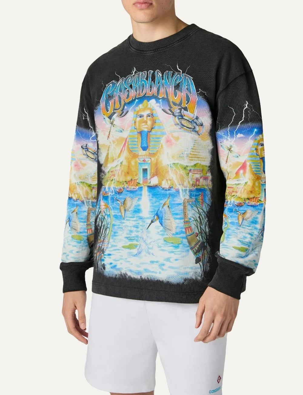 Casablanca men's black organic cotton long sleeve T-shirt with multicolour Egyptian graphic model