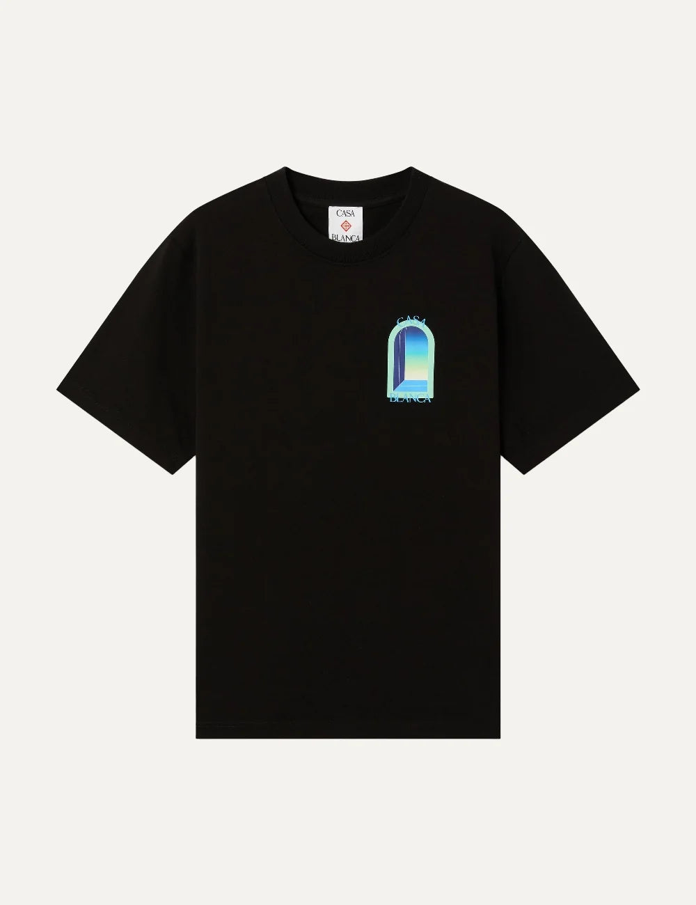 Casablanca men's black organic cotton T-shirt with blue and mint chest graphic