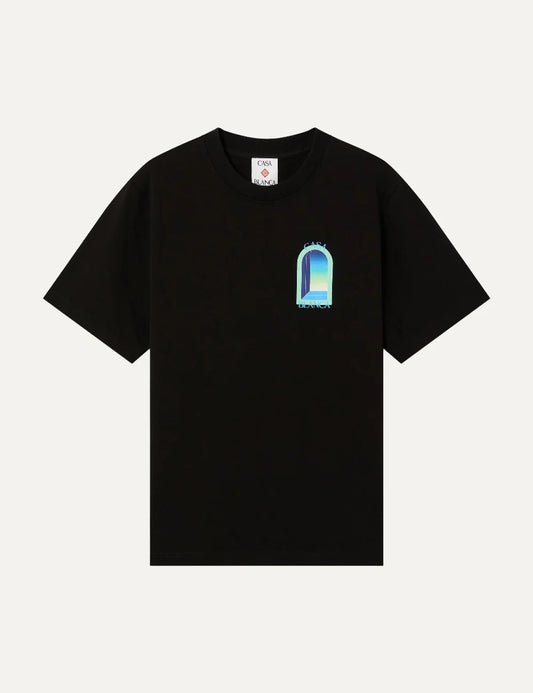 Casablanca men's black organic cotton T-shirt with blue and mint chest graphic