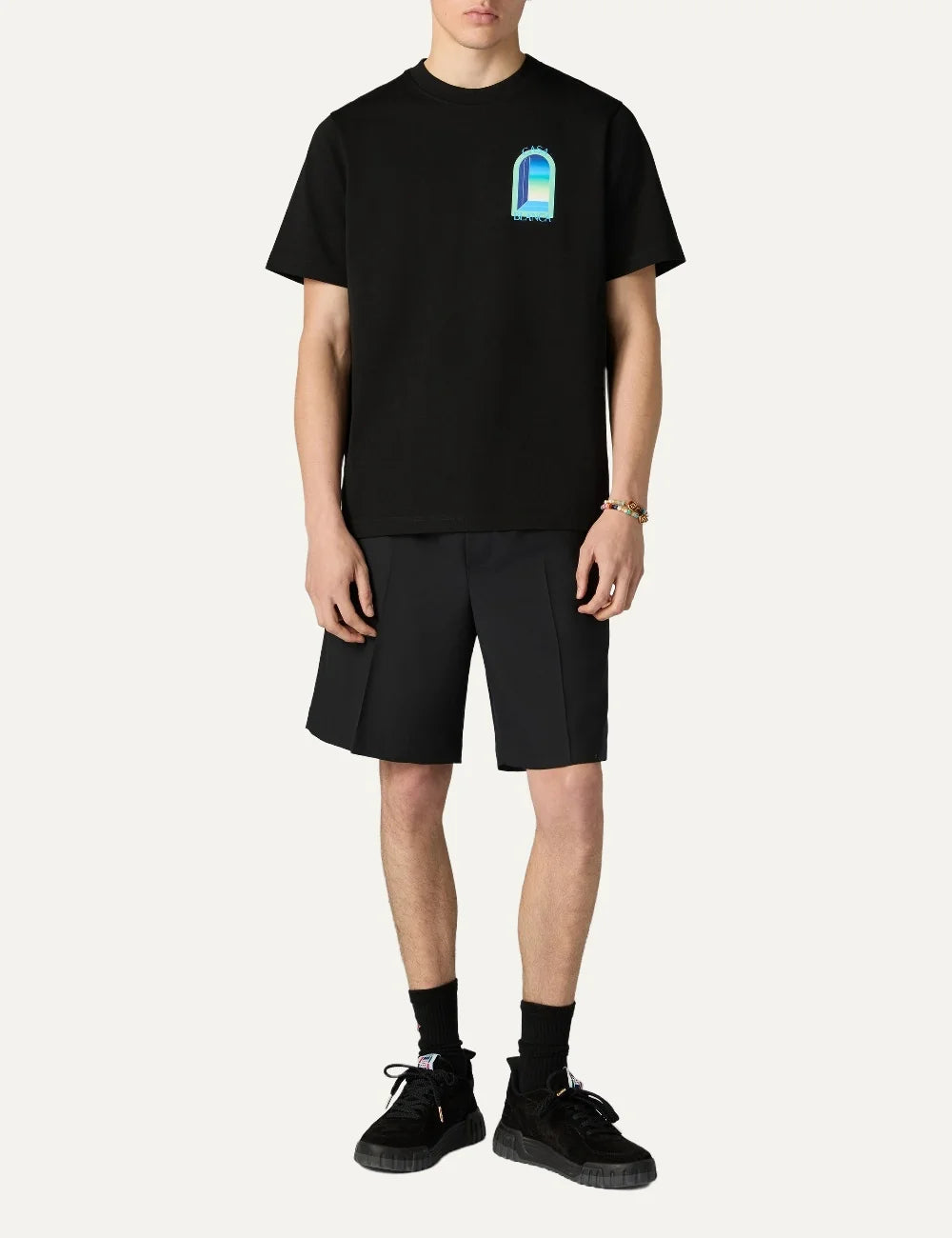 Casablanca men's black organic cotton T-shirt with blue and mint chest graphic full body