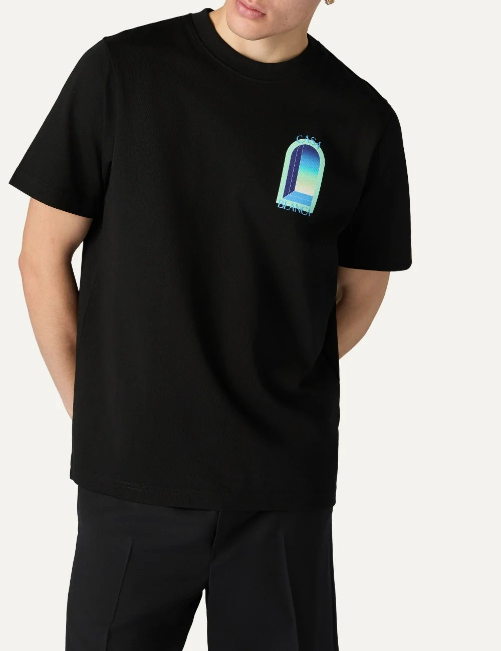 Casablanca men's black organic cotton T-shirt with blue and mint chest graphic model