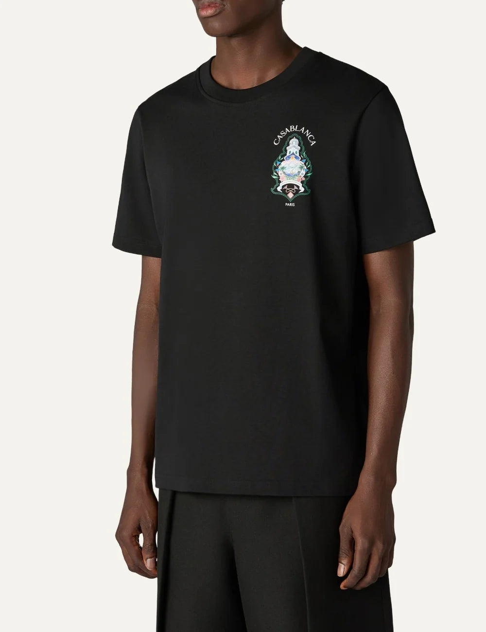 Casablanca men's black organic cotton T-shirt with chest graphic model