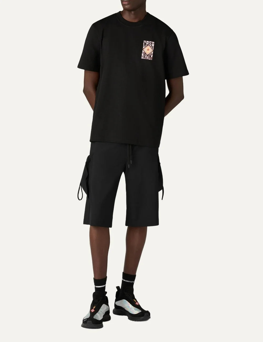 Casablanca men's black organic cotton T-shirt with graphic logo print full body