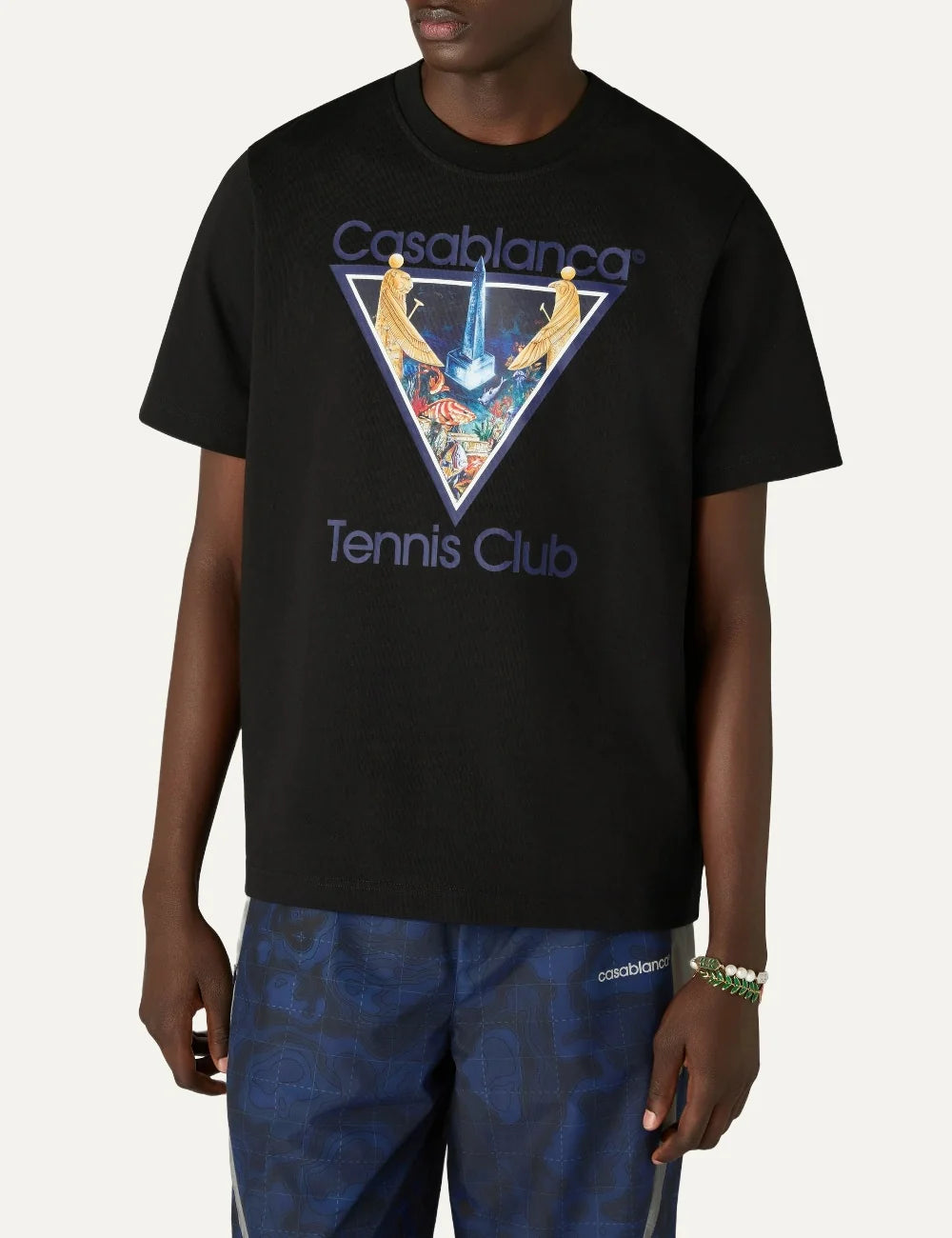 Casablanca men's black organic cotton T-shirt with Tennis Club graphic print model
