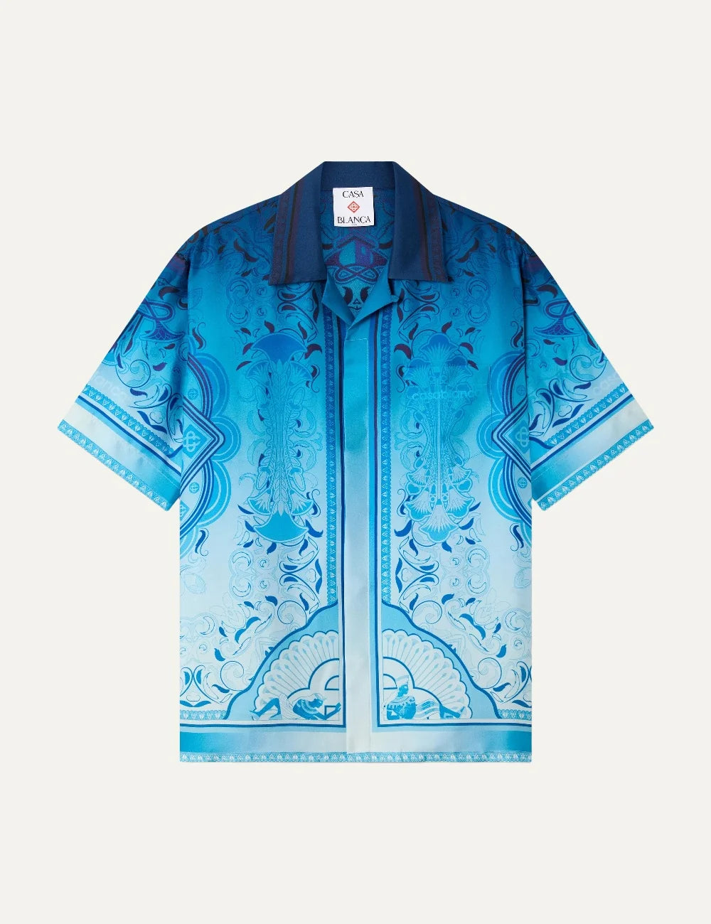Casablanca men's blue silk shirt with Egyptian-inspired geometric print