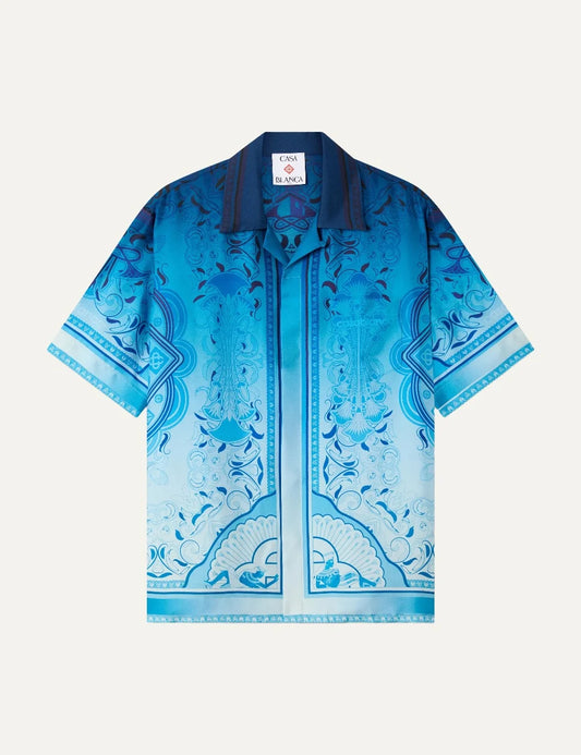 Casablanca men's blue silk shirt with Egyptian-inspired geometric print