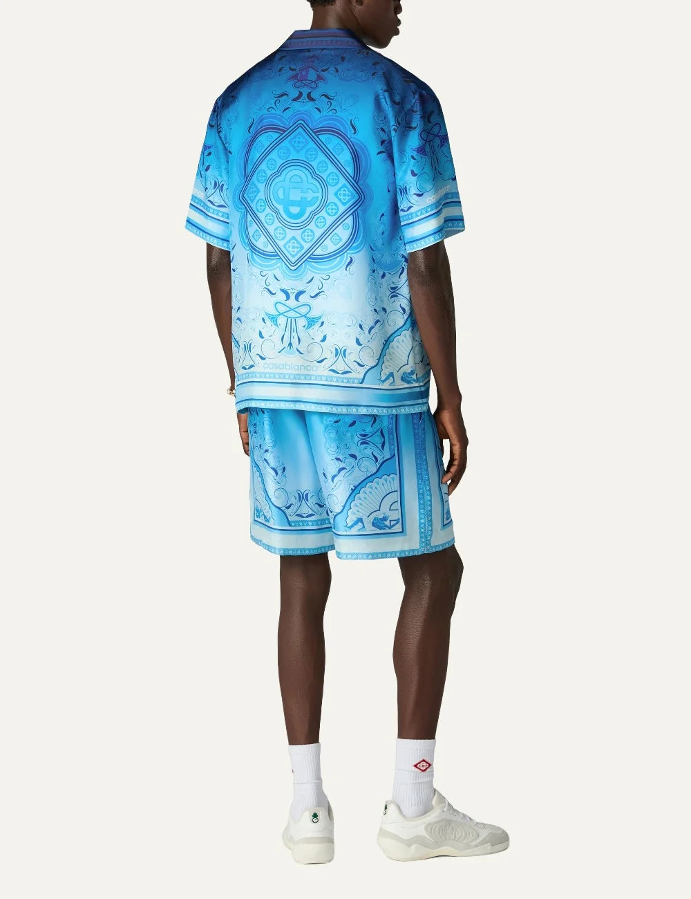 Casablanca men's blue silk shirt with Egyptian-inspired geometric print back