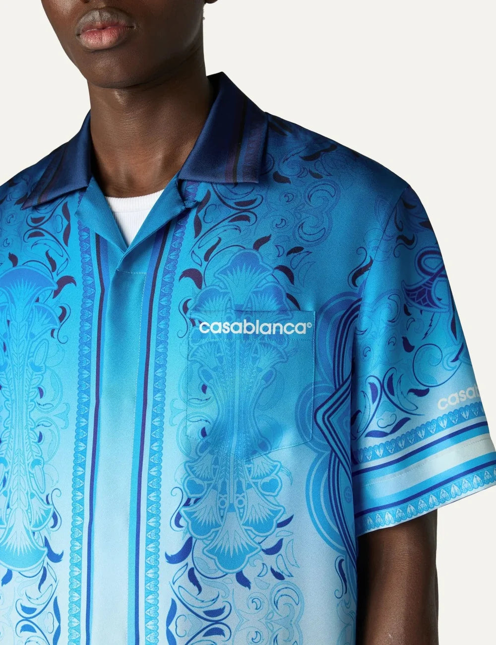 Casablanca men's blue silk shirt with Egyptian-inspired geometric print detail