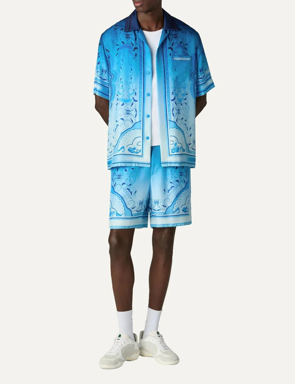 Casablanca men's blue silk shirt with Egyptian-inspired geometric print full body