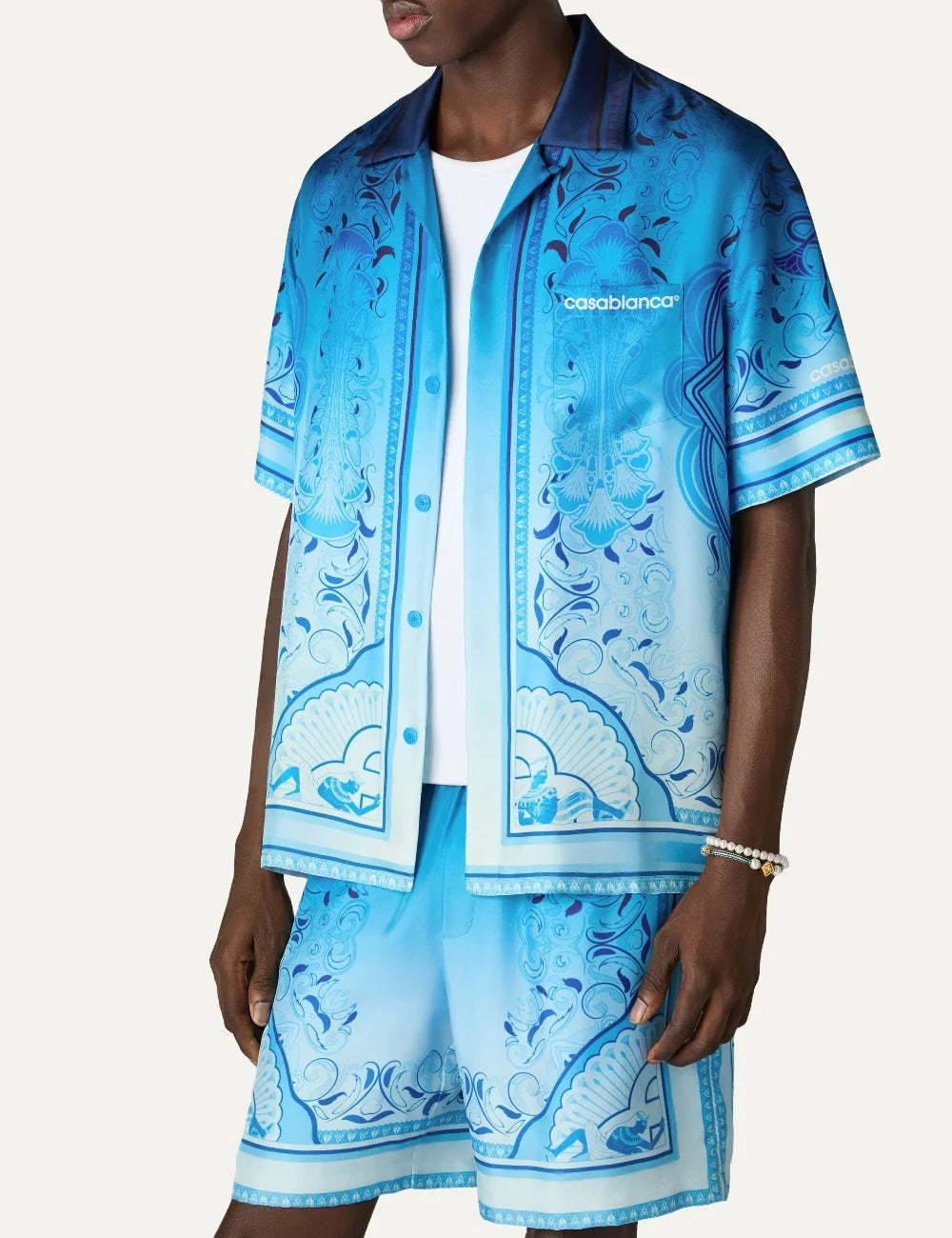 Casablanca men's blue silk shirt with Egyptian-inspired geometric print side